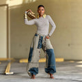 Two-tone Patchwork lash Hem Raw Edge Jeans with Belt