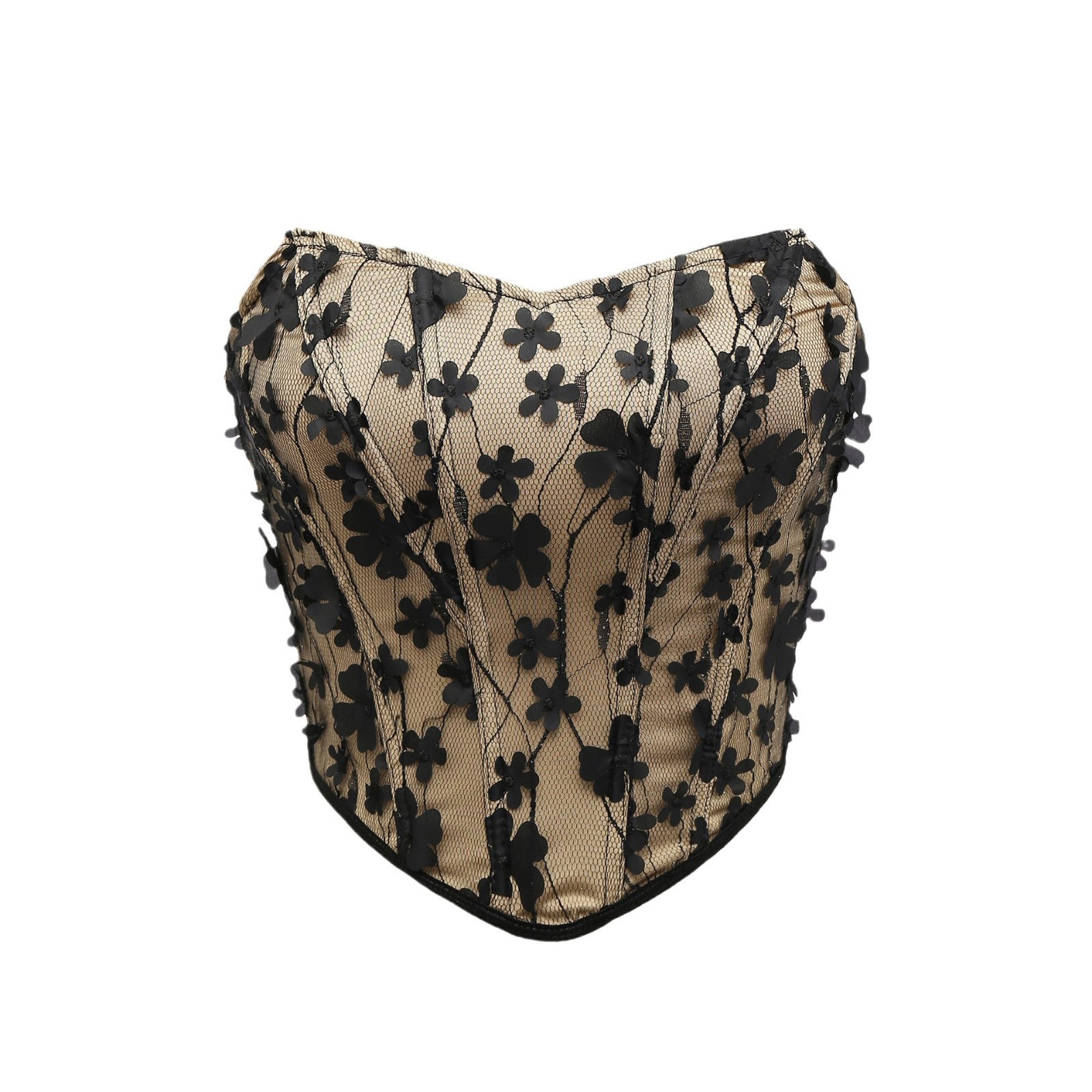 Embroidered flower strapless diamond stitched fishbone top