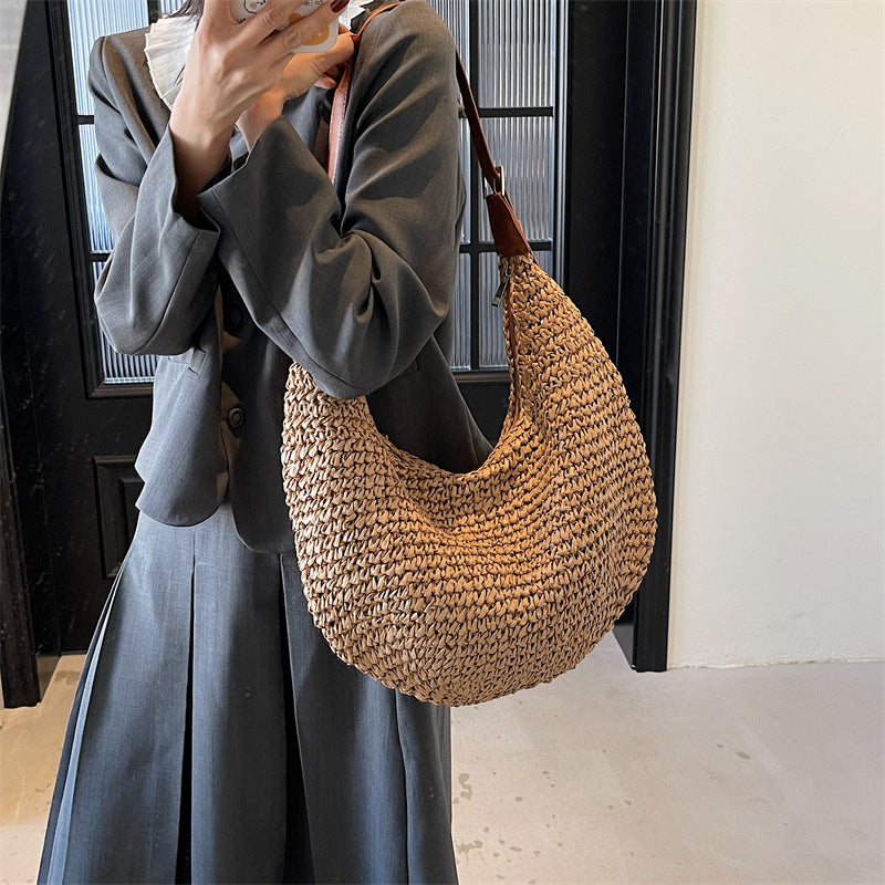 Woven Bag Women  Casual Large Capacity Handmade Straw Shoulder  Purse