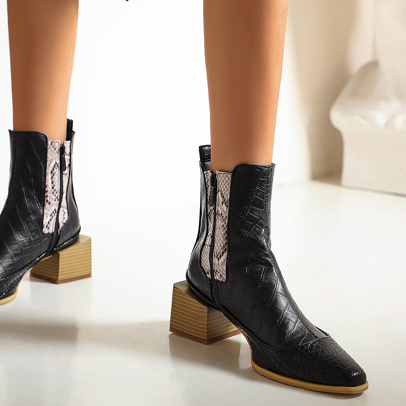 New retro women's boots snake print short boots sole tube western cowboy Martin boots thick heel personality large size
