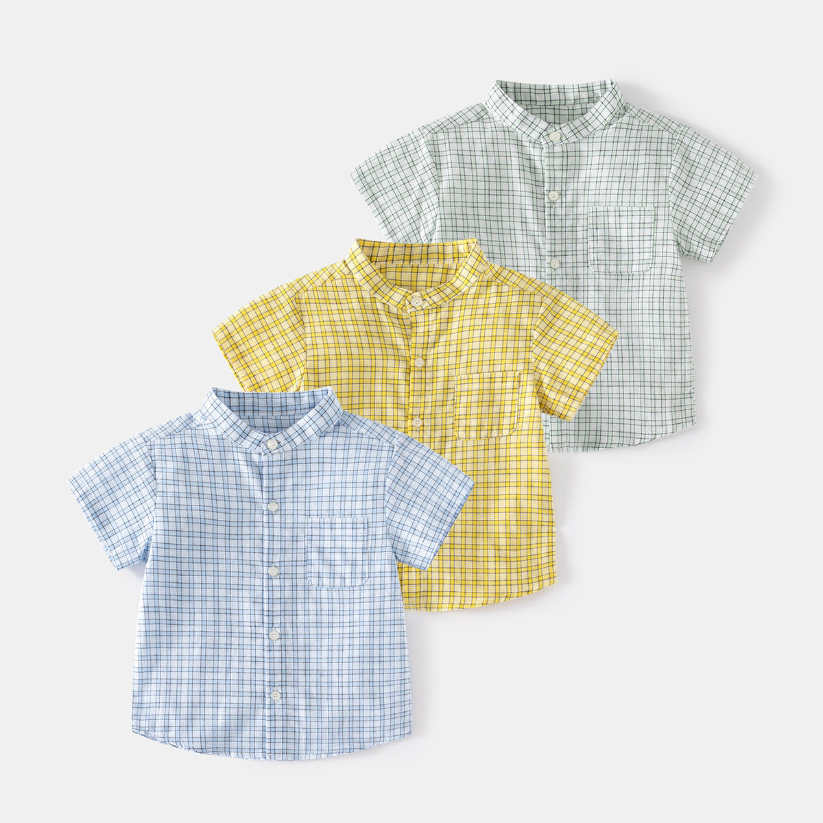 Soft Comfortable Moisture-Wicking Checkered Stand-Up Collar Short Sleeve Outdoor Casual Style Boys Shirt