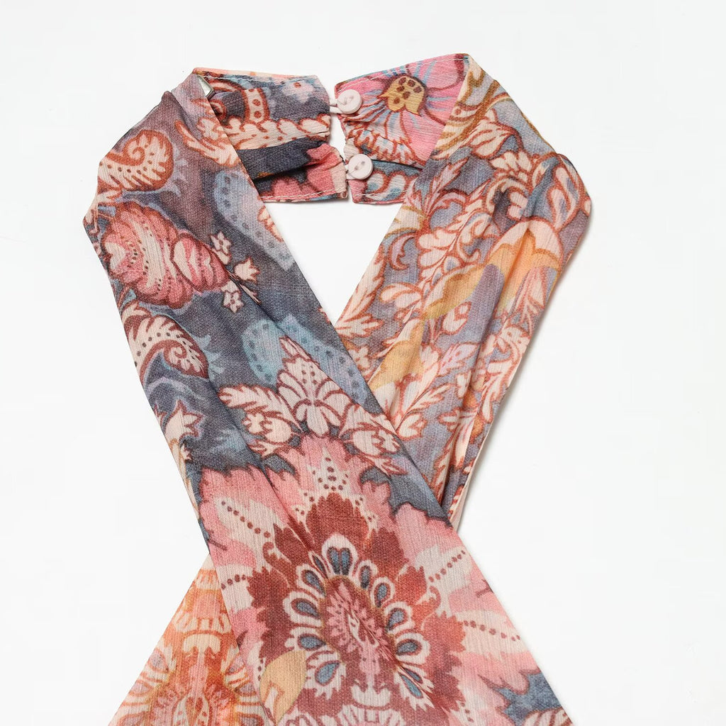 Ethnic style sexy chiffon halter neck dress