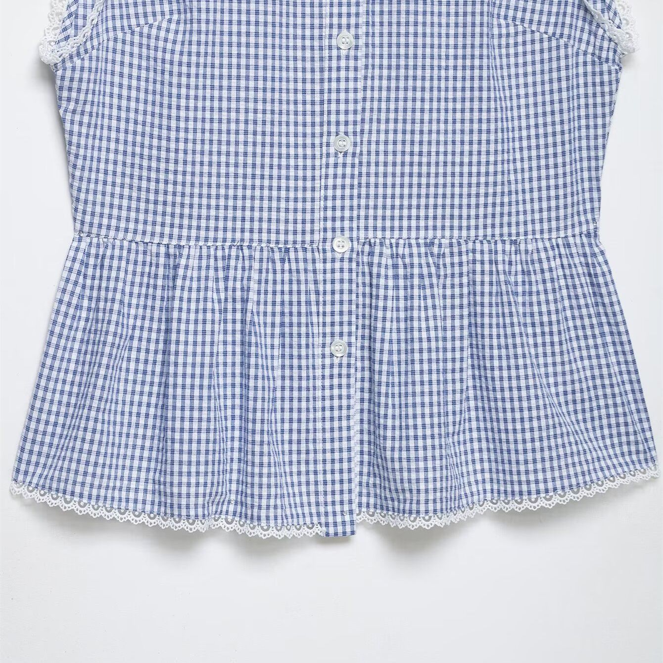 Lace patchwork small plaid sleeveless shirt