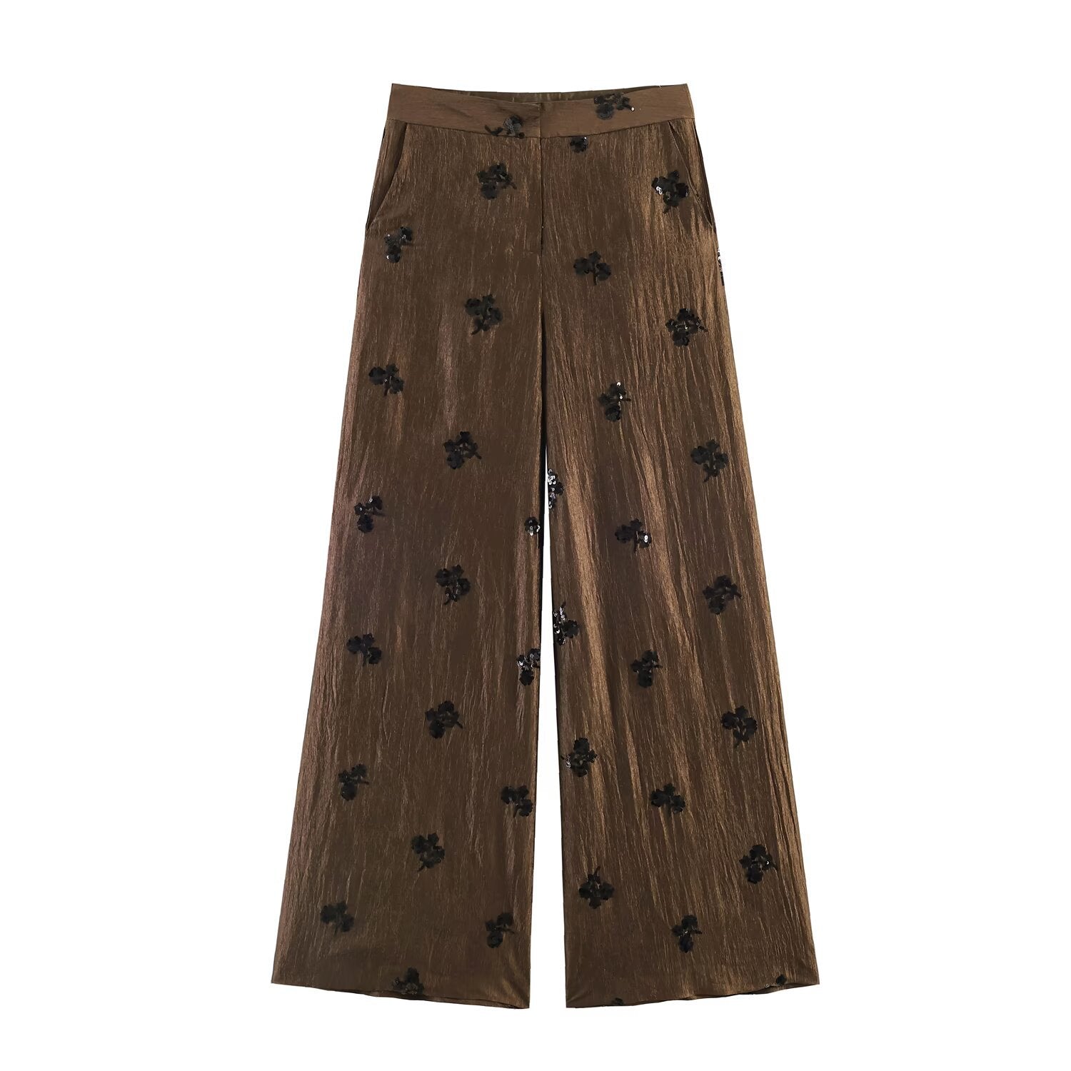 Bead hanging neck collar top+wide leg pants set