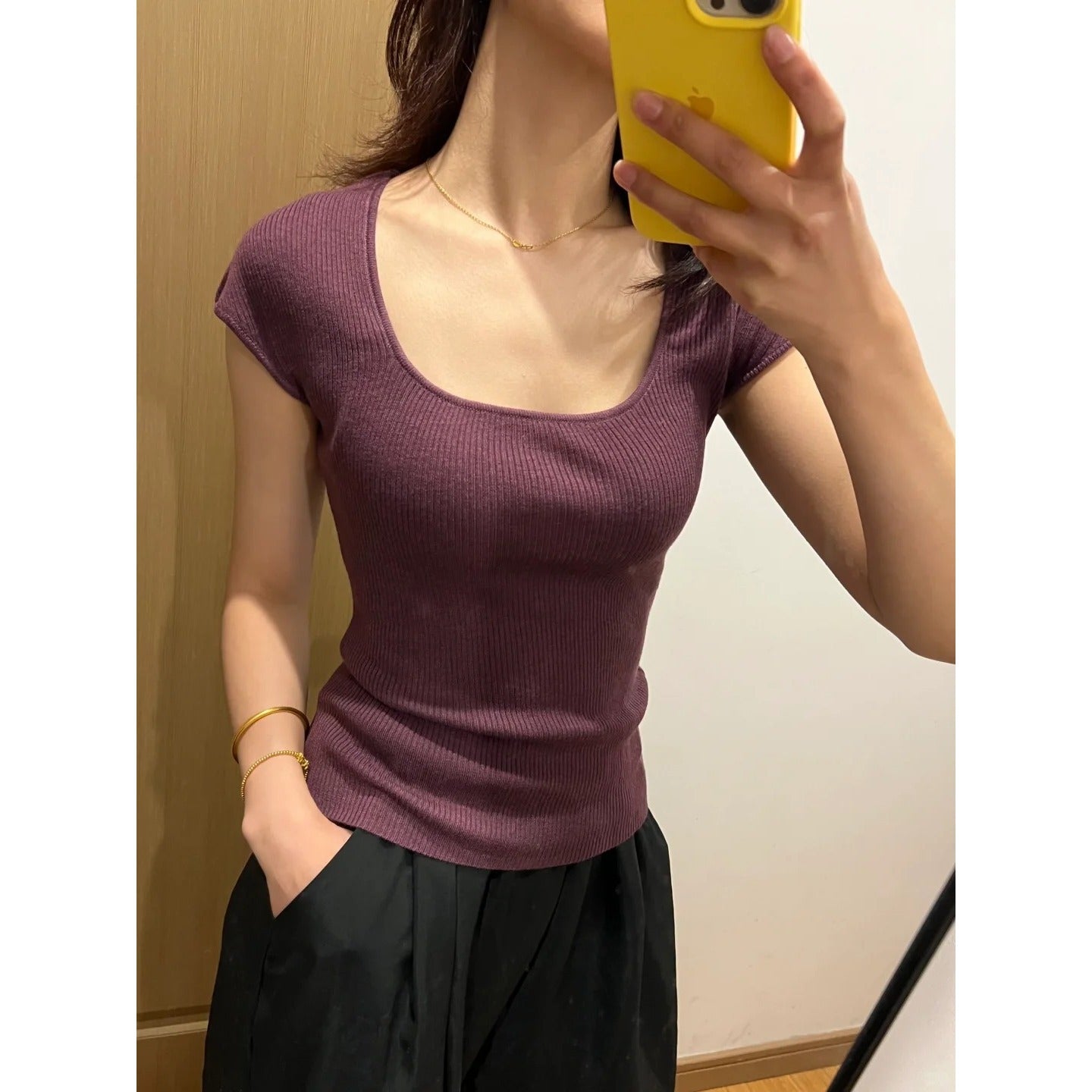 Purple U-Neck Ribbed Knit Short Sleeve