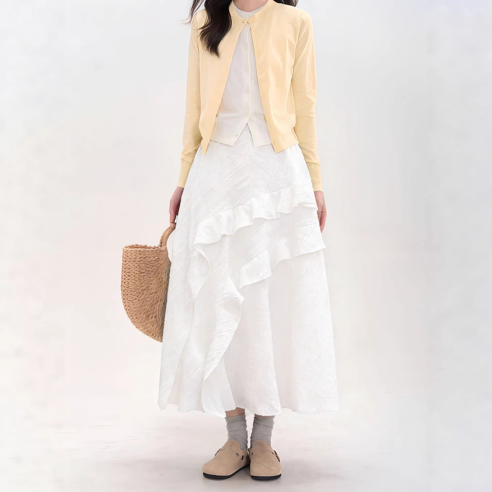 Irregular White A-Line Tiered Skirt High Waist Slimming Midi Skirt for Women