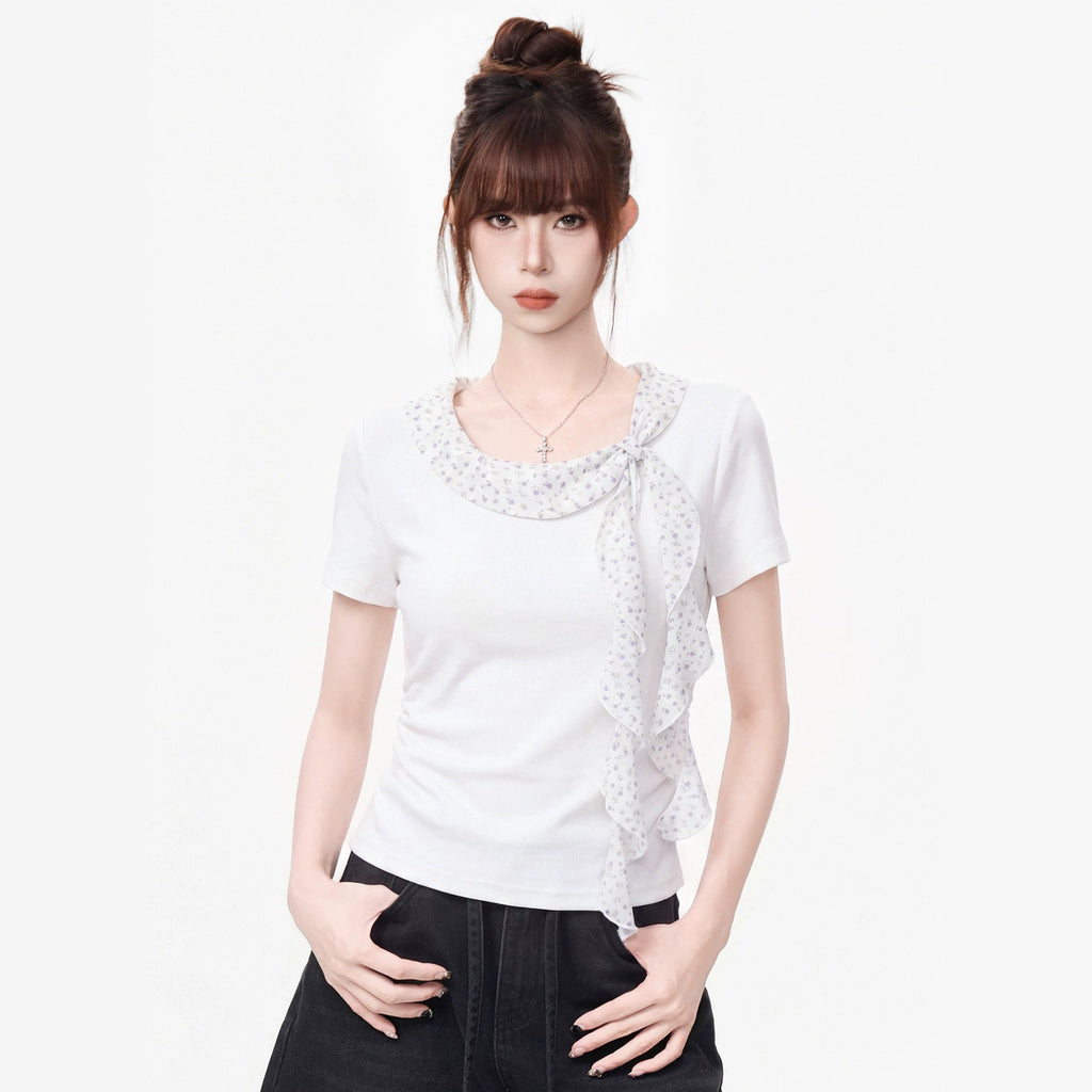 Round Collar Short Sleeve T-Shirt for Women, Fitted Pleated Waist-Cinching Regular Shoulder Top