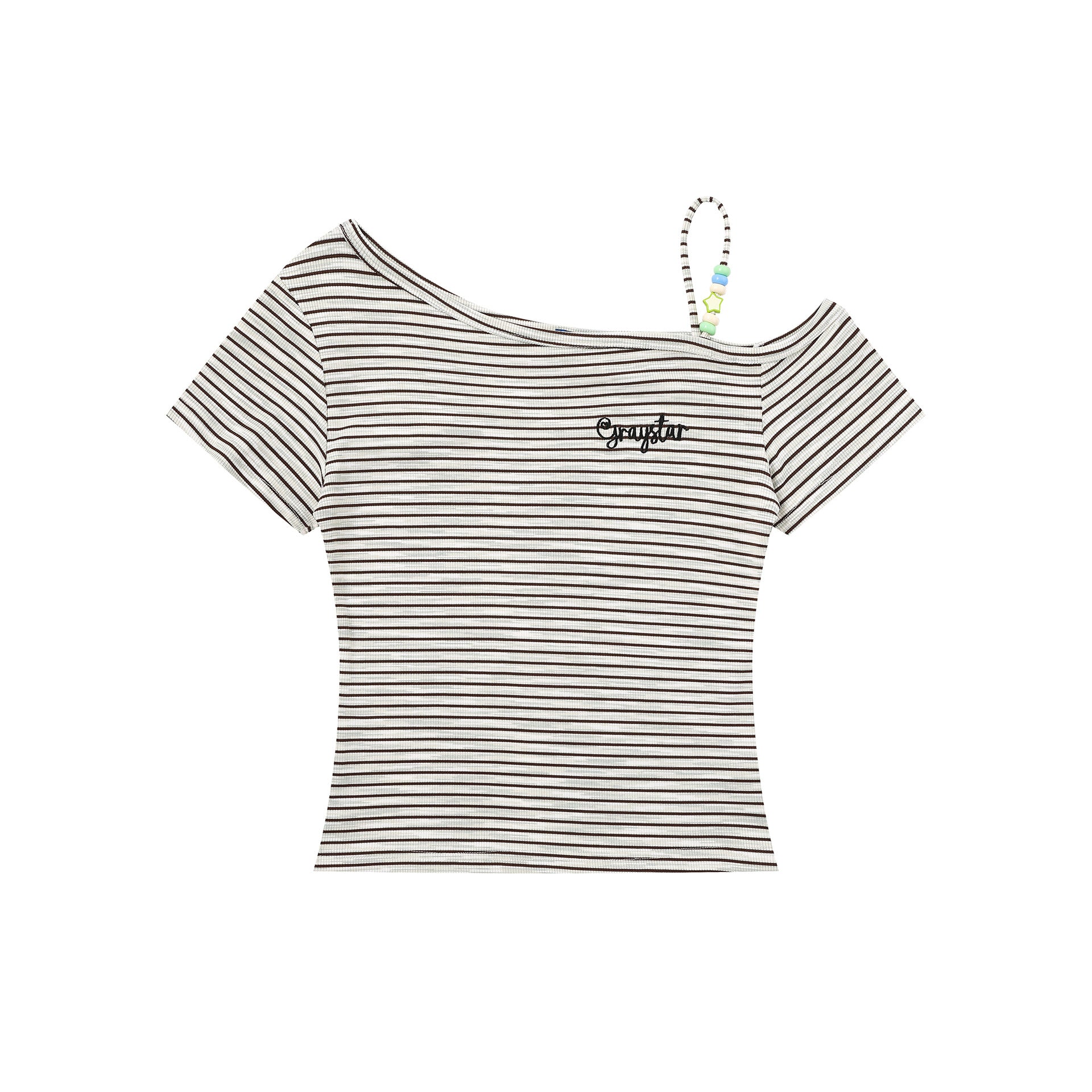 Shoulder T-Shirt with Beaded Strap, Fitted Slimming Off-Shoulder