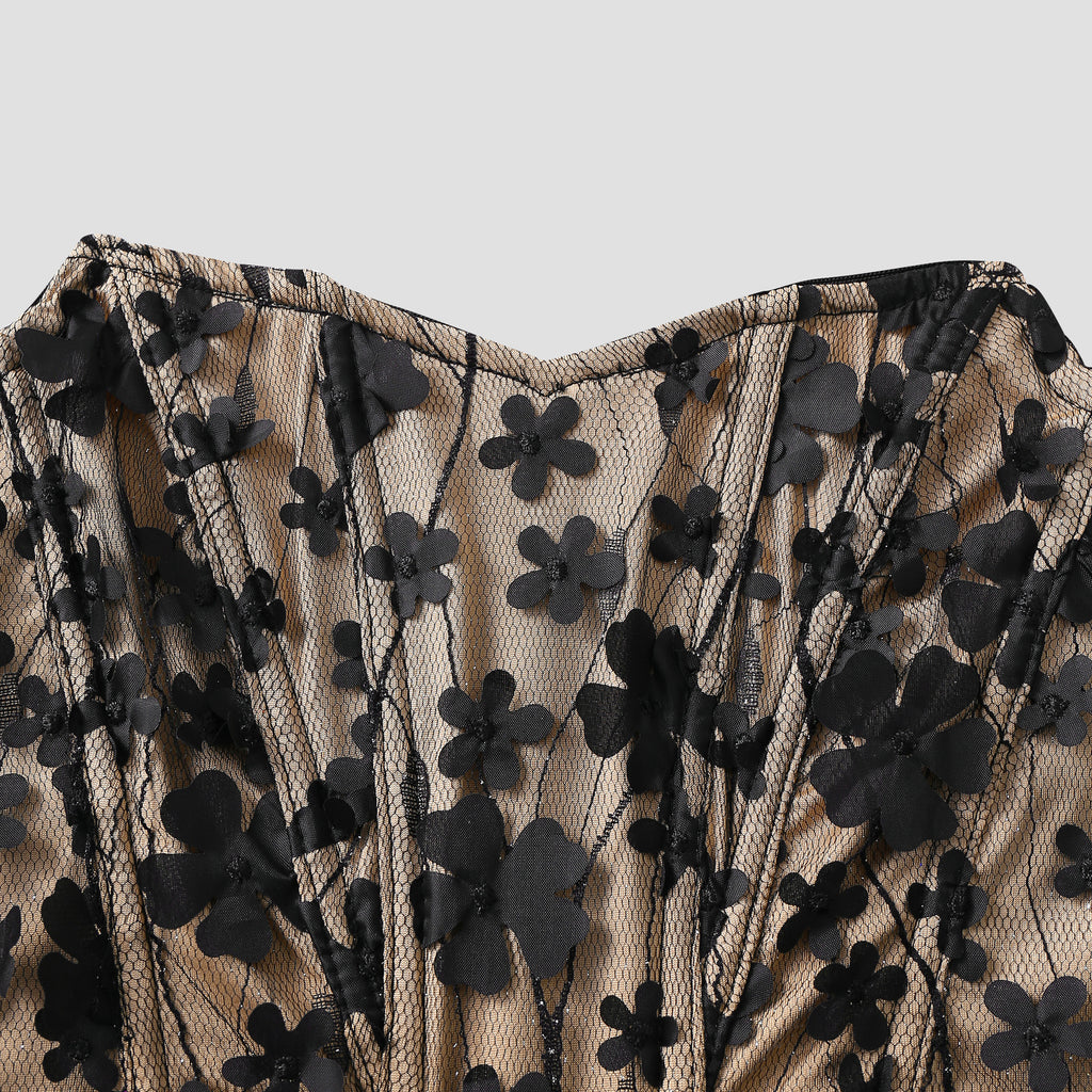 Embroidered flower strapless diamond stitched fishbone top