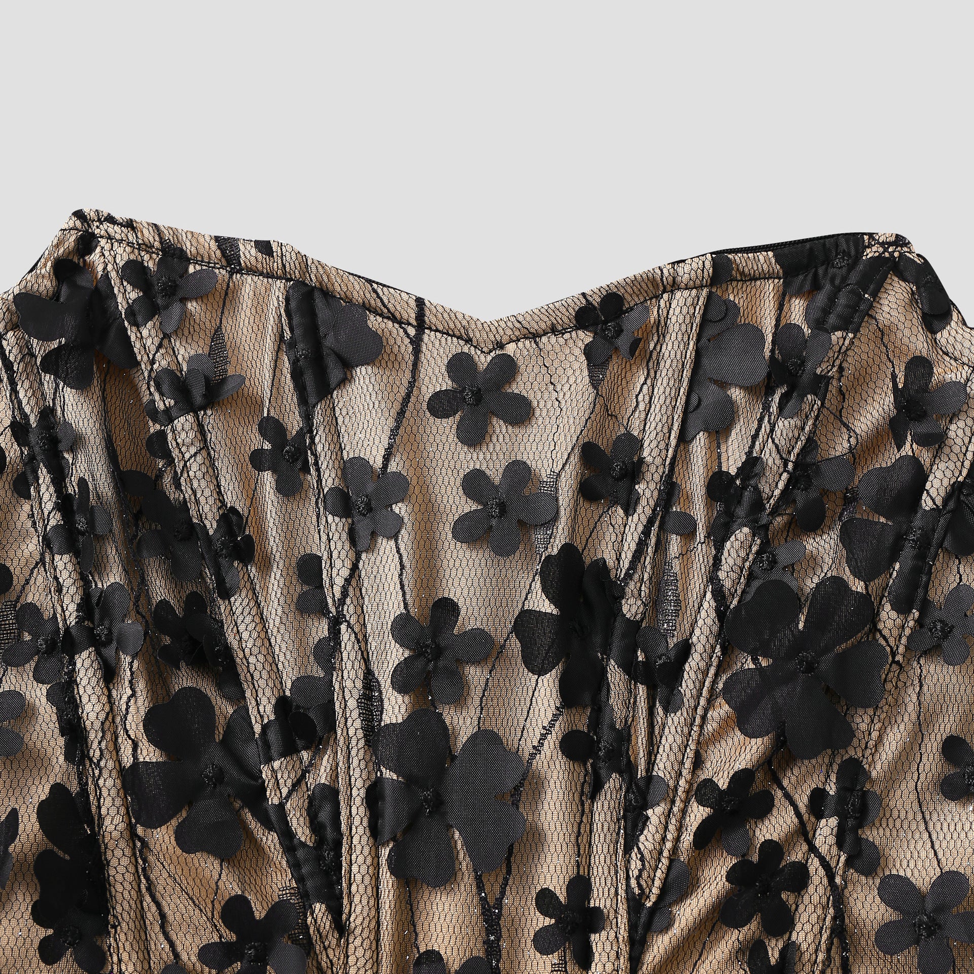 Embroidered flower strapless diamond stitched fishbone top