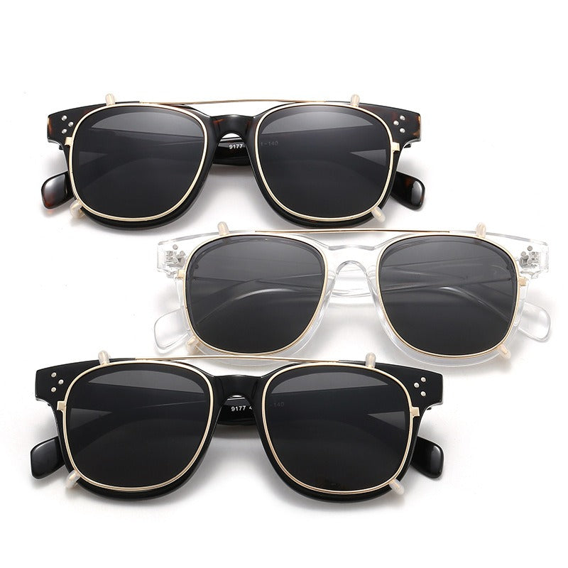 Retro square sunglasses, multi-purpose set, plastic metal clip, myopia glasses, male
