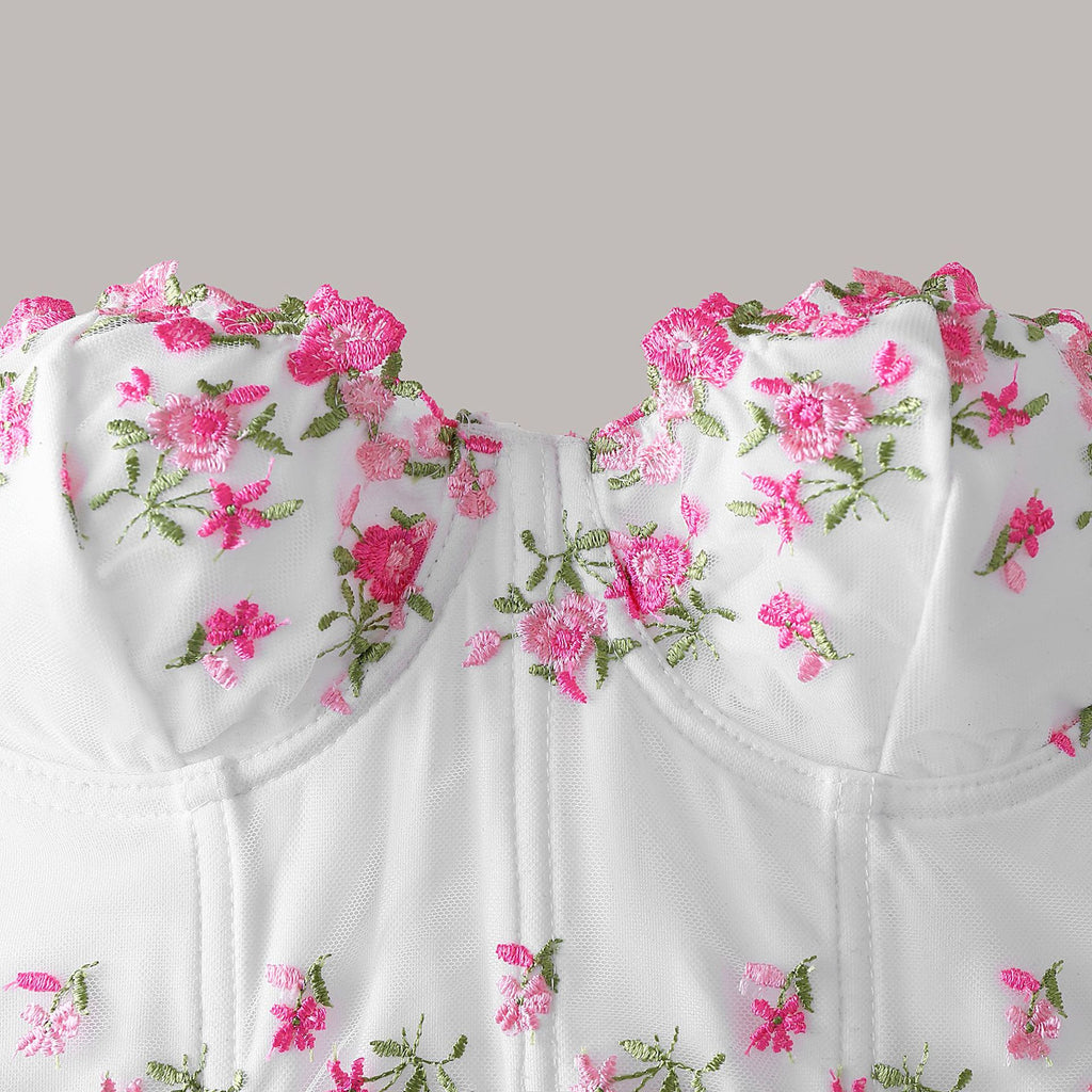 Lace Floral Embroidered Short Crop Belly-Baring Boned Tube Top