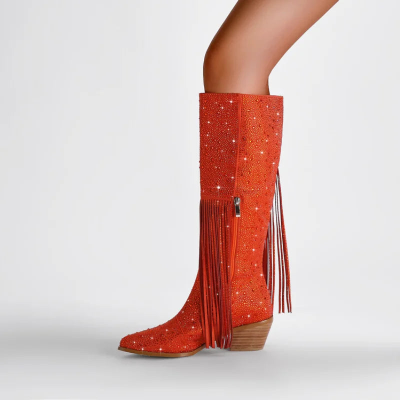 New Women's Thick High Heels Knee Long Women's Boots Fashion Tassel Rhinestone Short Boots Pointed Large Women's Boots