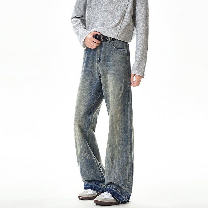 Streetwear Lightning Pattern Washed Denim Pants Men