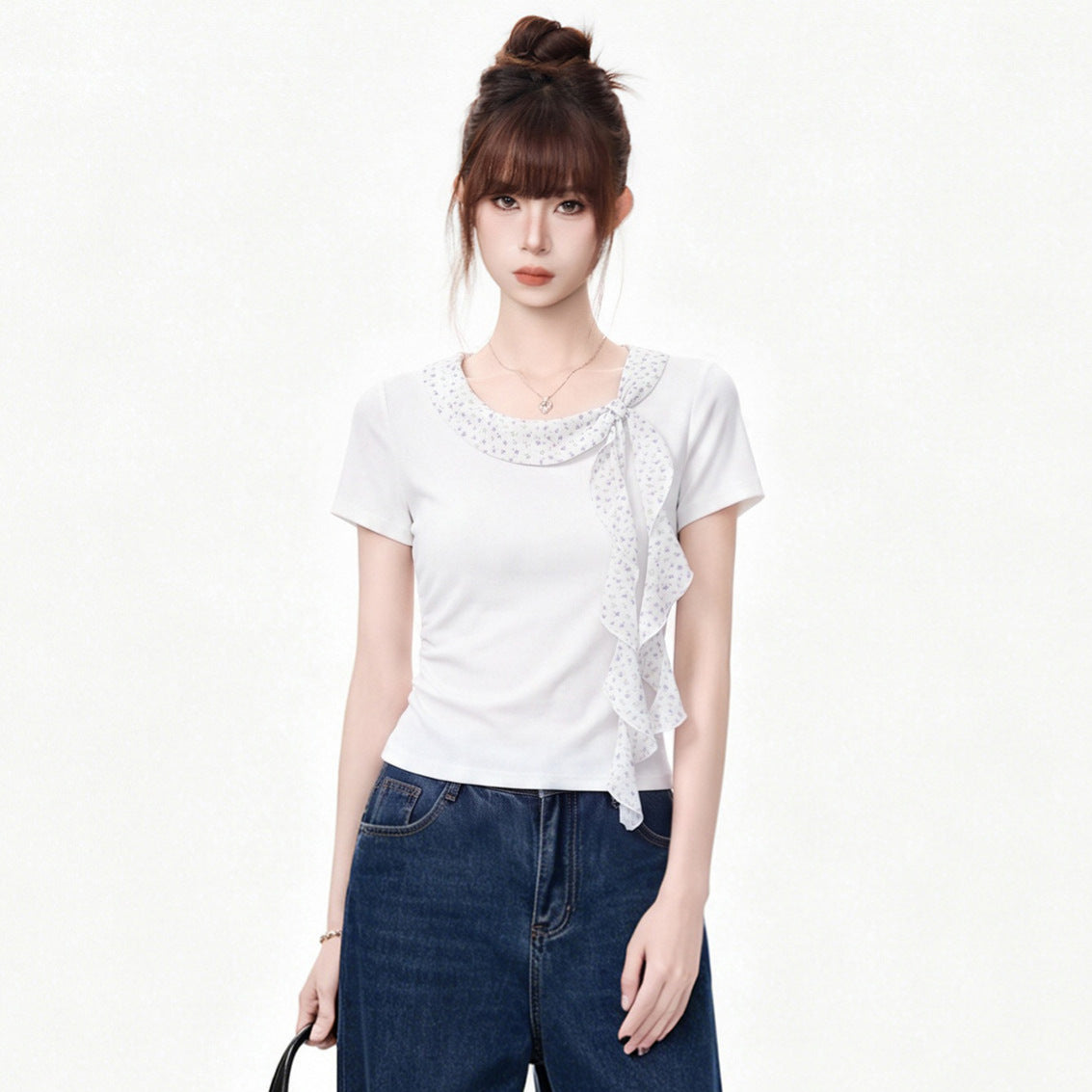 Round Collar Short Sleeve T-Shirt for Women, Fitted Pleated Waist-Cinching Regular Shoulder Top