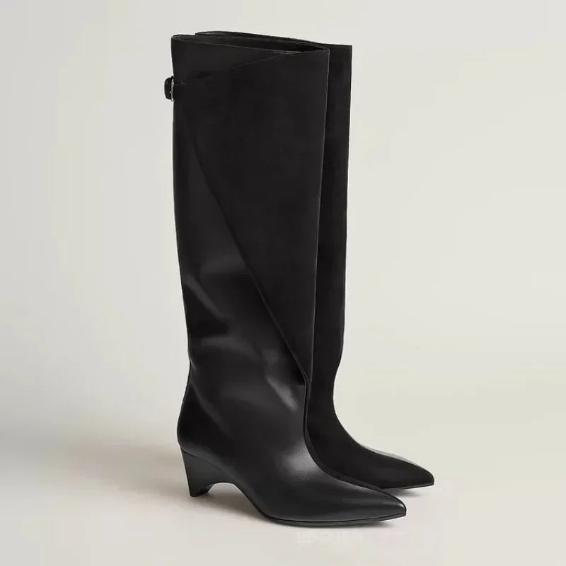Autumn and Winter Women's Fashionable Knee High Boots, Pointed and Thick High-heeled Knight Boots 34-43 Mid Length Boots