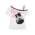 Sexy Cat Print Asymmetrical Shoulder T-Shirt for Women with Beaded Straps