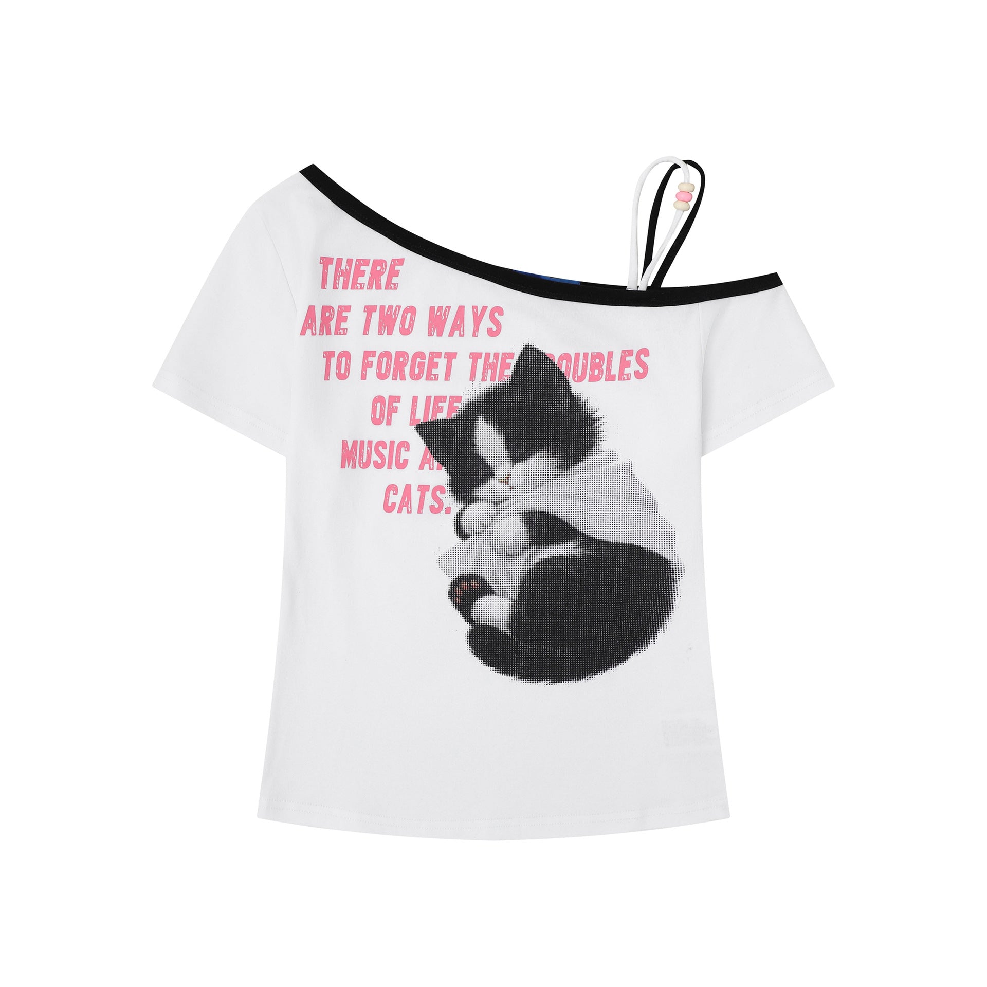 Sexy Cat Print Asymmetrical Shoulder T-Shirt for Women with Beaded Straps