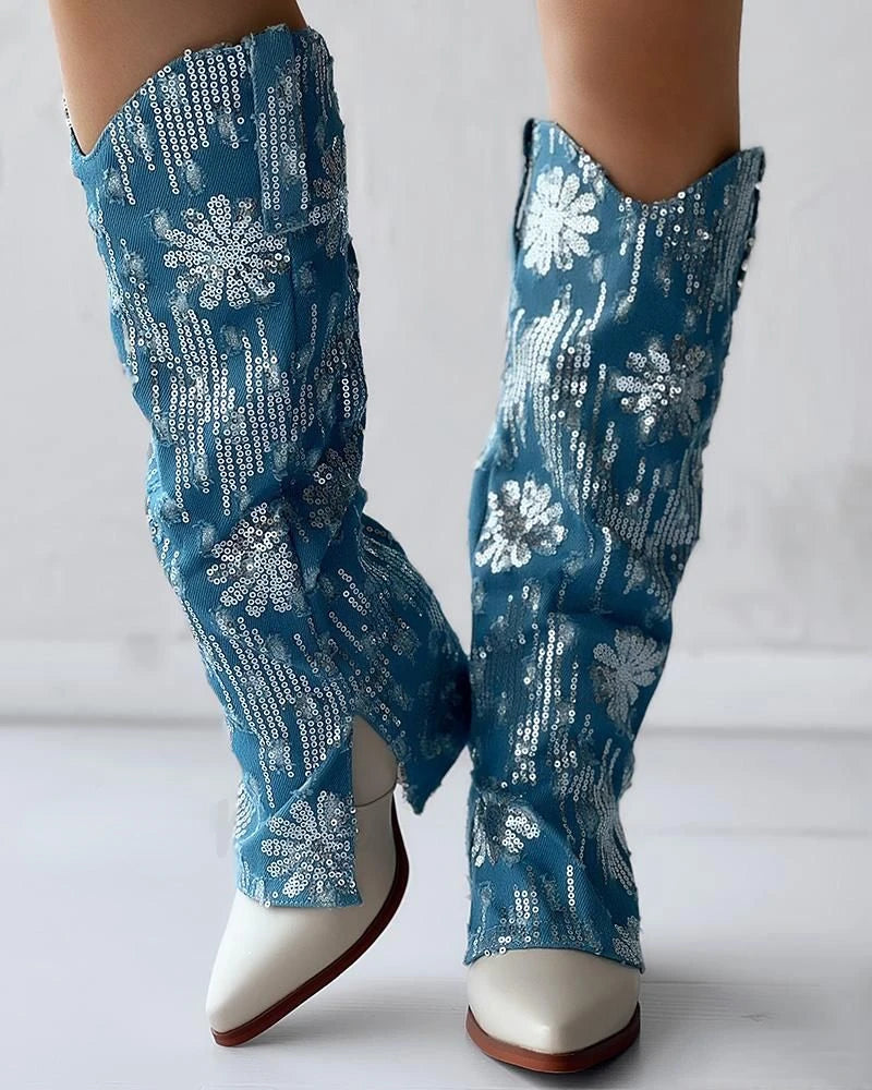 Shiny denim jeans leg boots with pointed thick heels oversized cuffs women's fashion boots