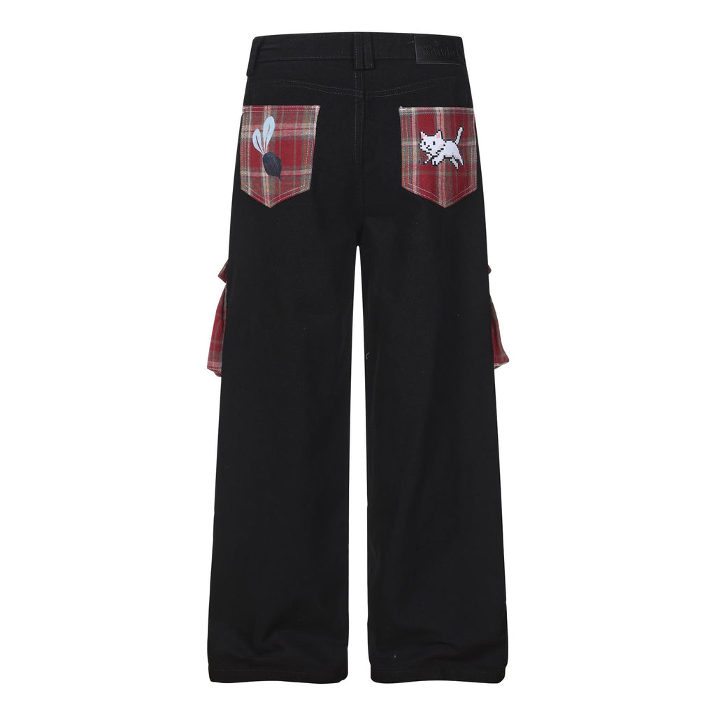 Casual Wide-Leg Denim Pants for Women with Cartoon Print High-Street American Vintage Plaid Style