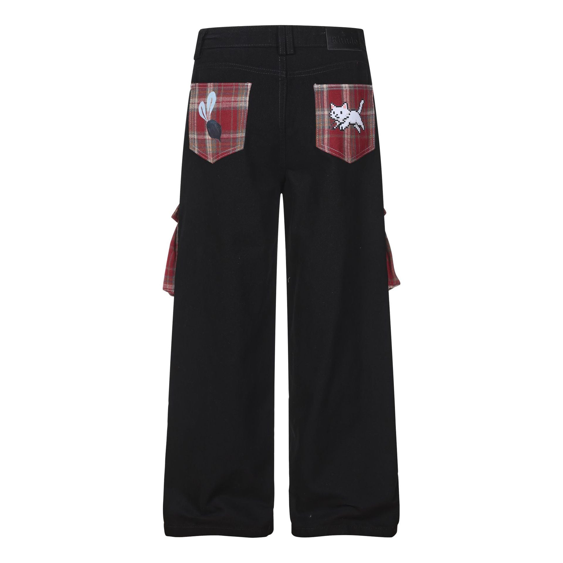 Casual Wide-Leg Denim Pants for Women with Cartoon Print High-Street American Vintage Plaid Style