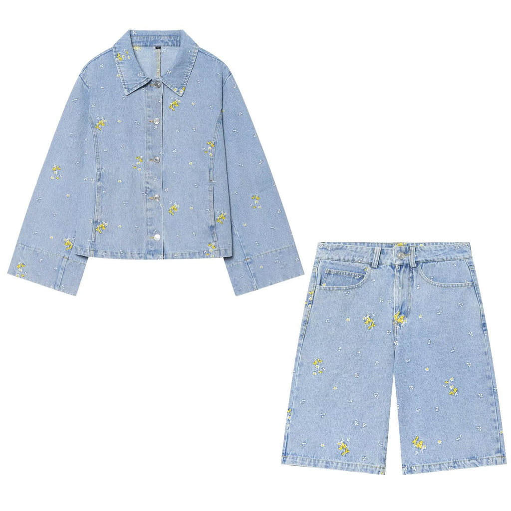 Embroidered denim jacket+denim shorts set