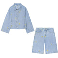 Embroidered denim jacket+denim shorts set