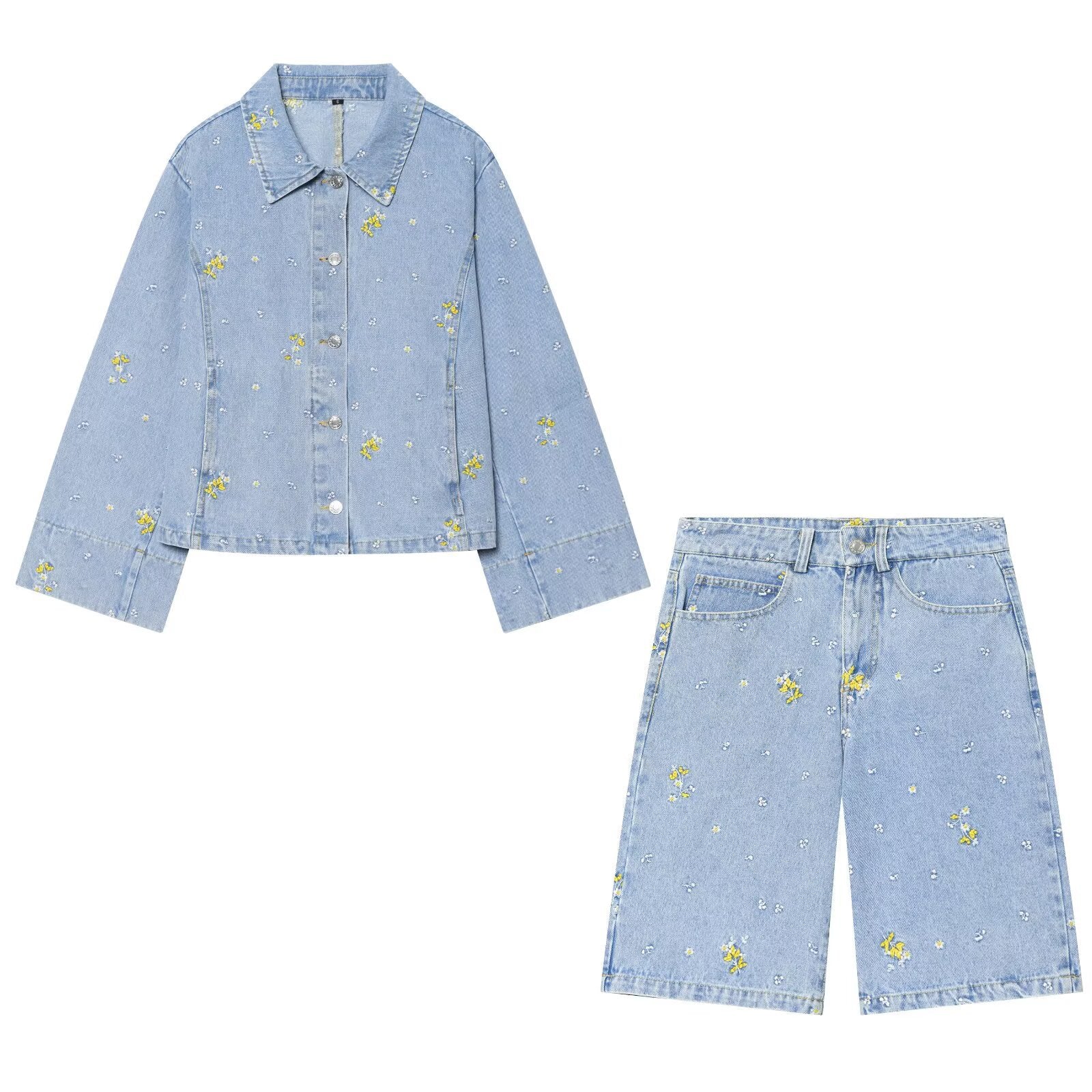 Embroidered denim jacket+denim shorts set