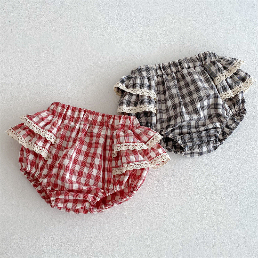 Girls' plaid lace pants
