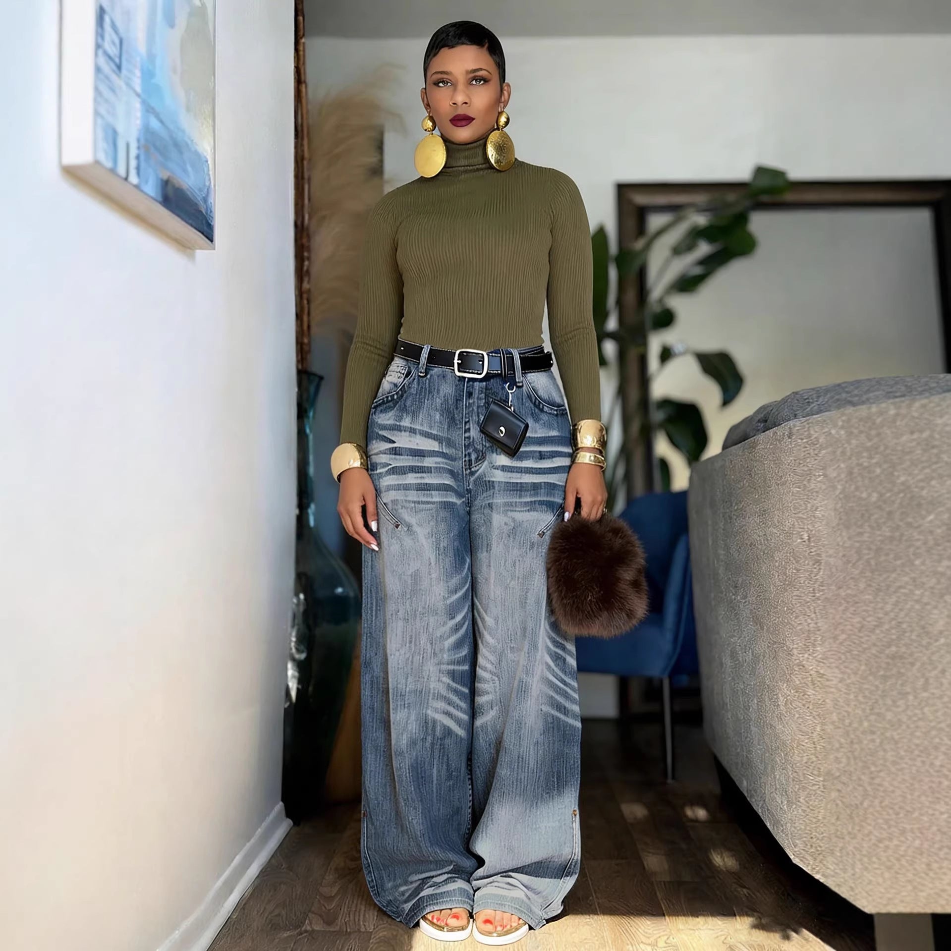 Design Pleated Faded Loose Jeans Pants
