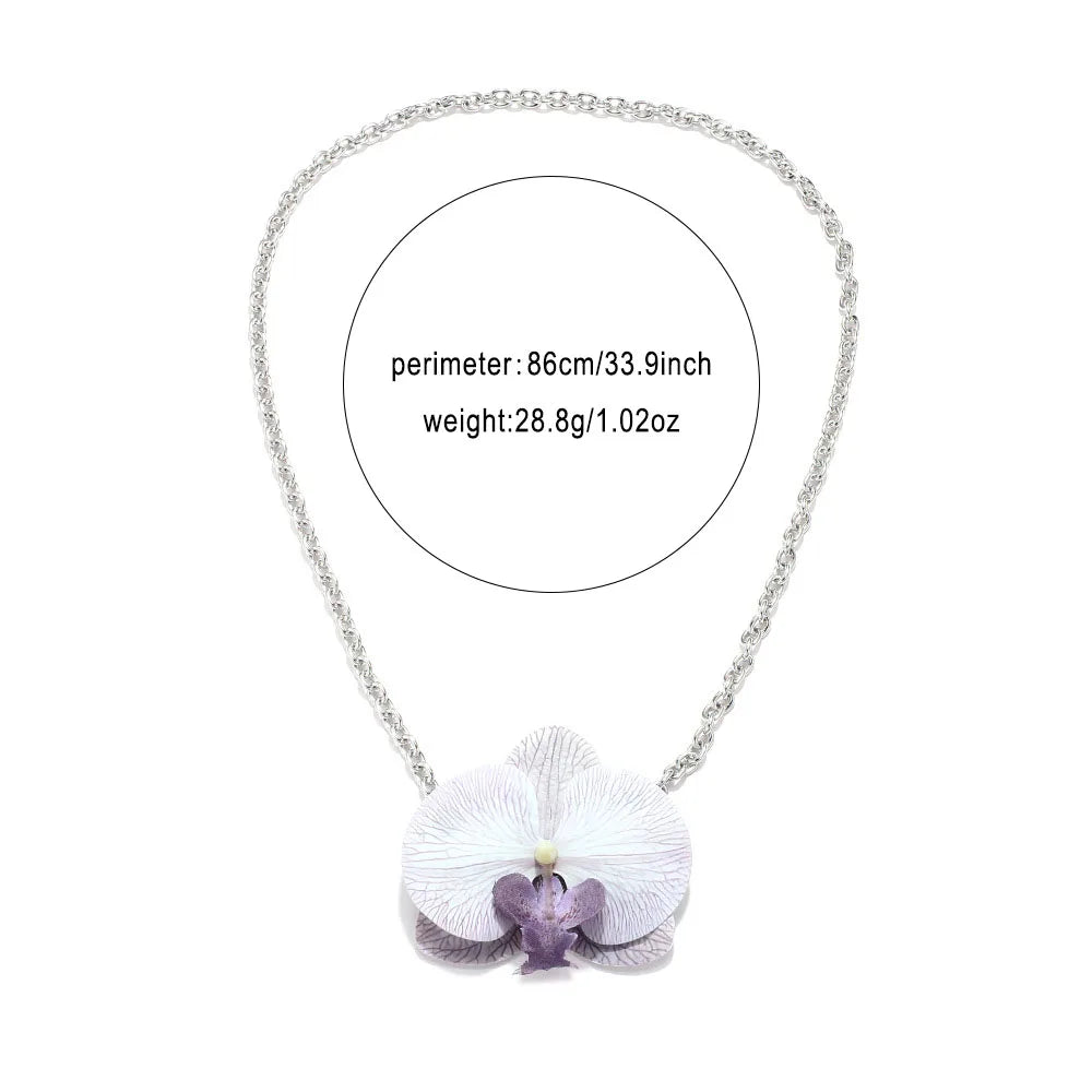 Simulation Phalaenopsis Flower Pendant Necklace Earring Set for Women Elegant Floral Rural Petal Chains Necklaces Accessory
