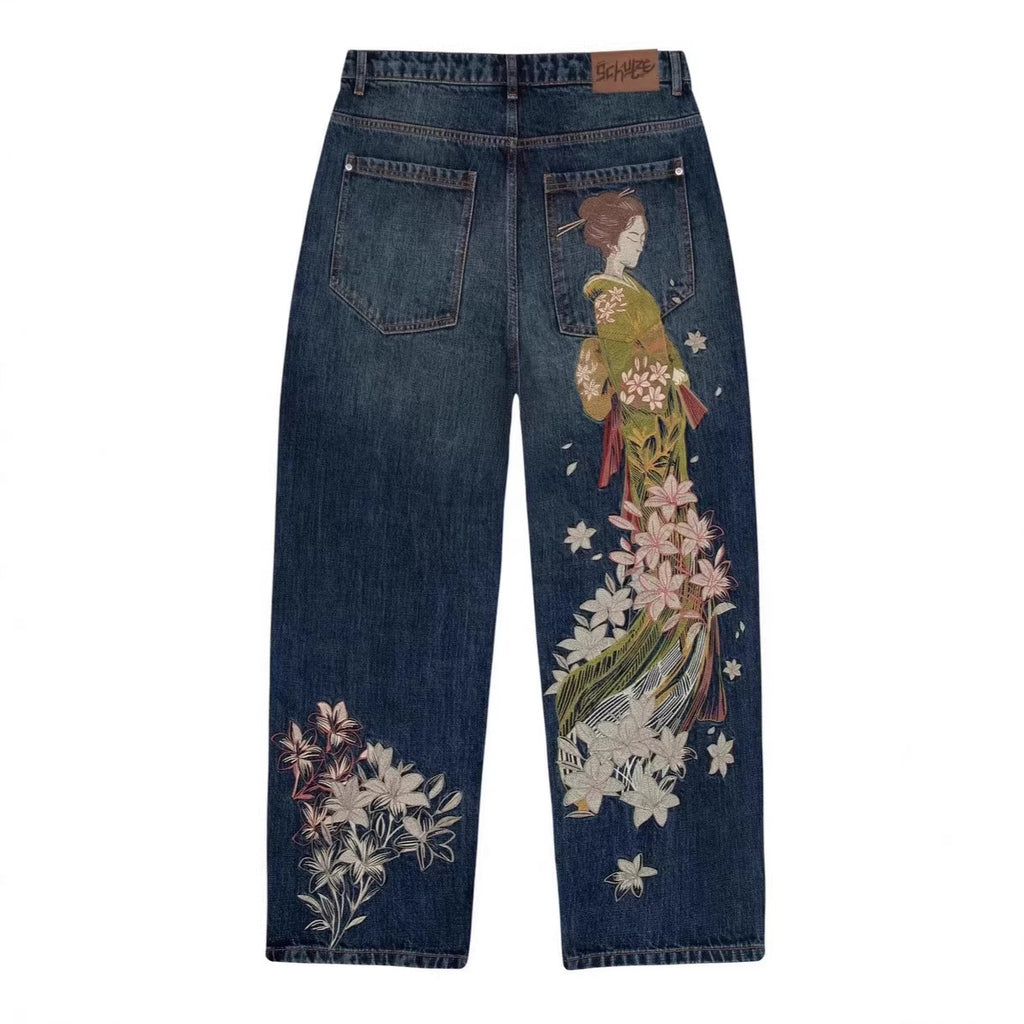 Crossover Derschutze High Street Retro Embroidery Straight Leg Jeans Unisex Unique Design Fashionable Export Style