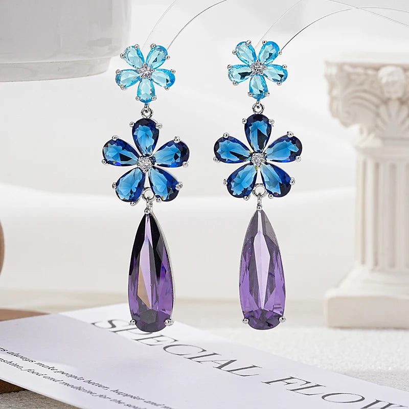 Fashion Color Cubic Zirconia Flower Long Earring for Wedding Pave Color Cubic Zirconia Party Jewelry Gift Long Water Drop