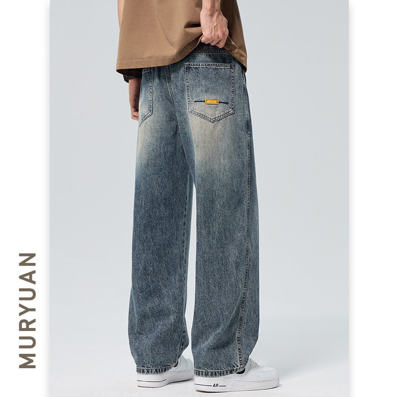 Washed Denim Pants Men Loose Straight Fit Half Elastic Simple Long Trousers
