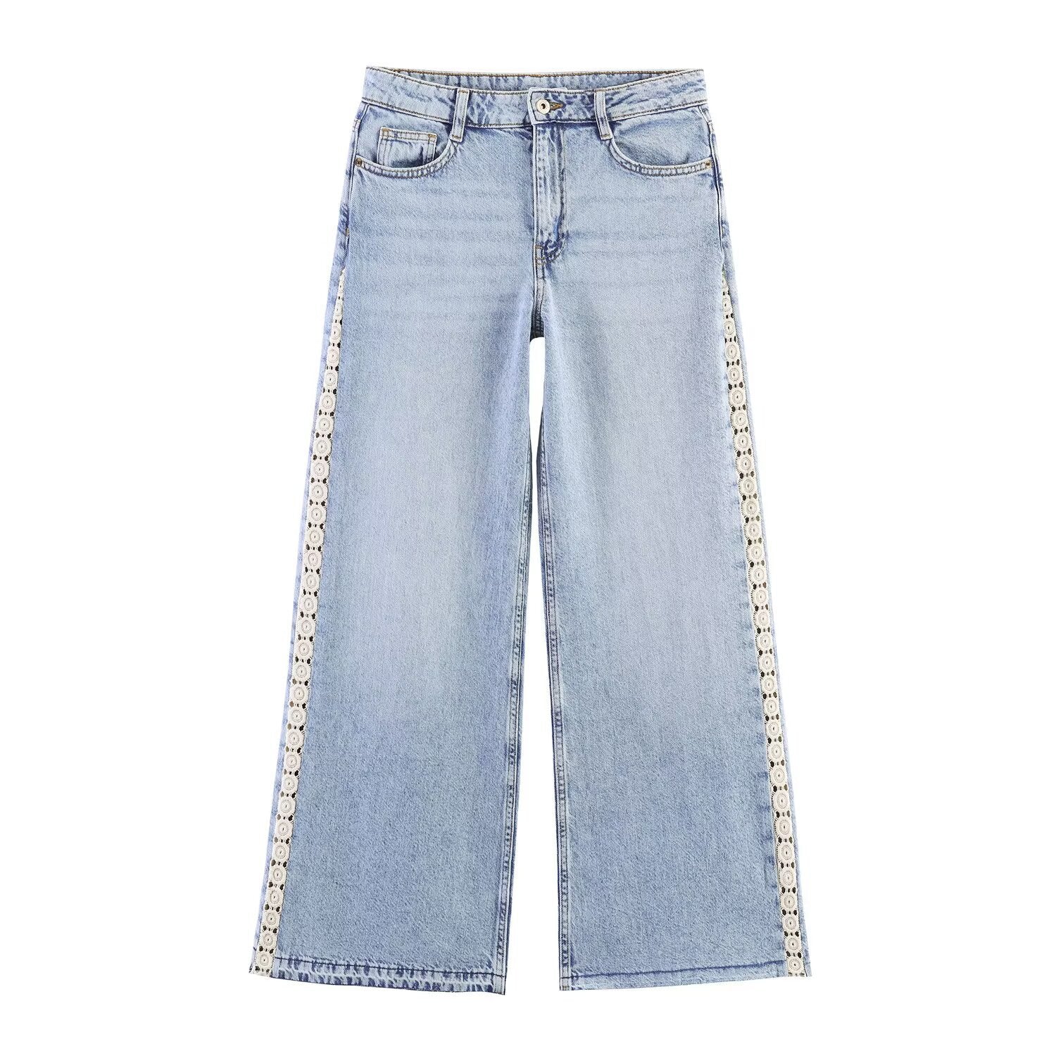 Crochet stitched high waist wide leg jeans