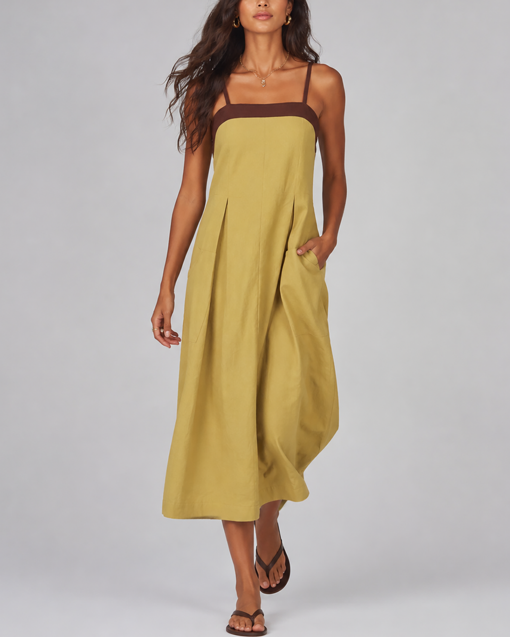 Women's fashion color-blocked loose large pocket spaghetti strap maxi dress