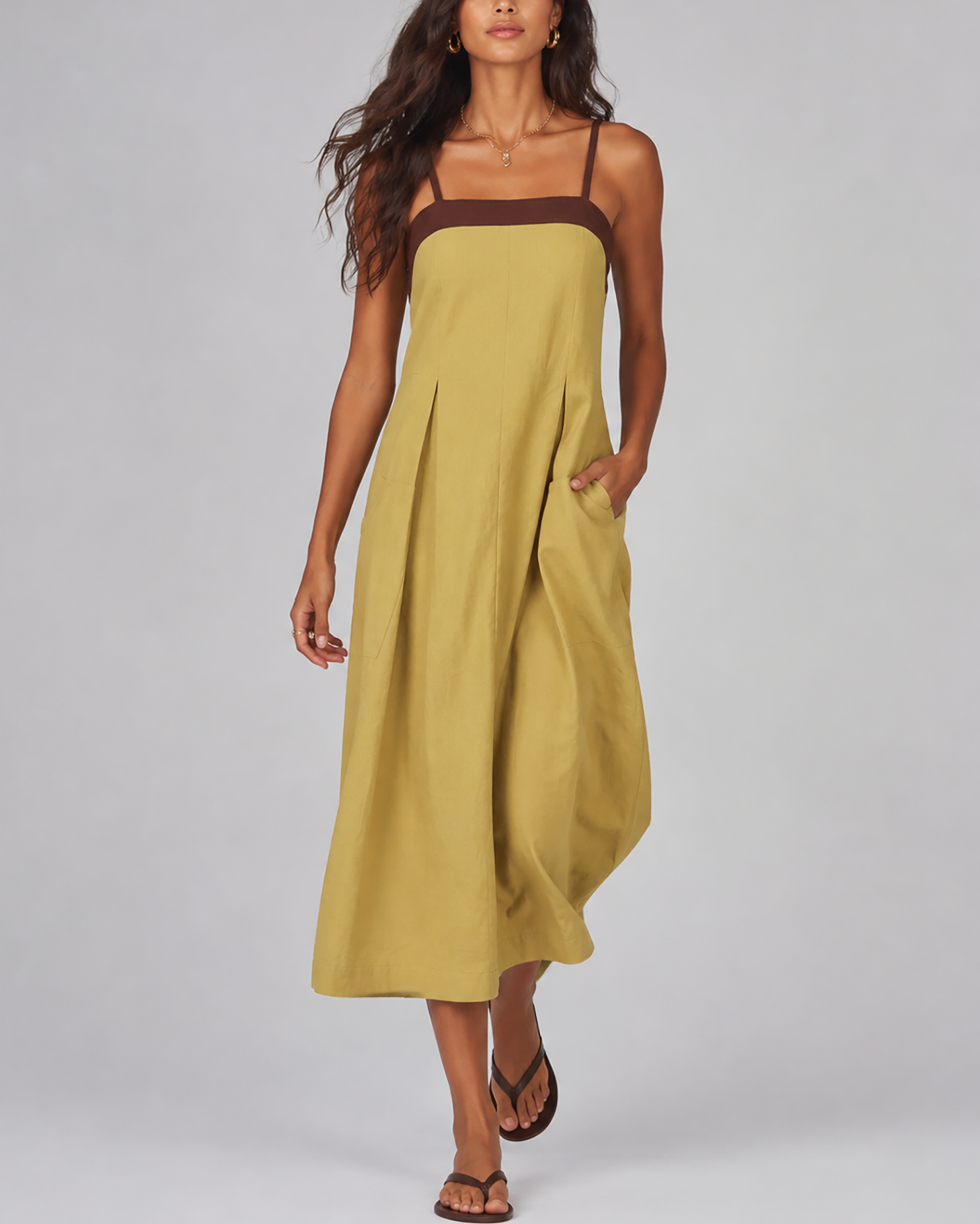 Women's fashion color-blocked loose large pocket spaghetti strap maxi dress