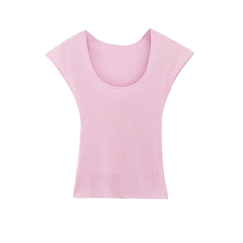Purple U-Neck Ribbed Knit Short Sleeve