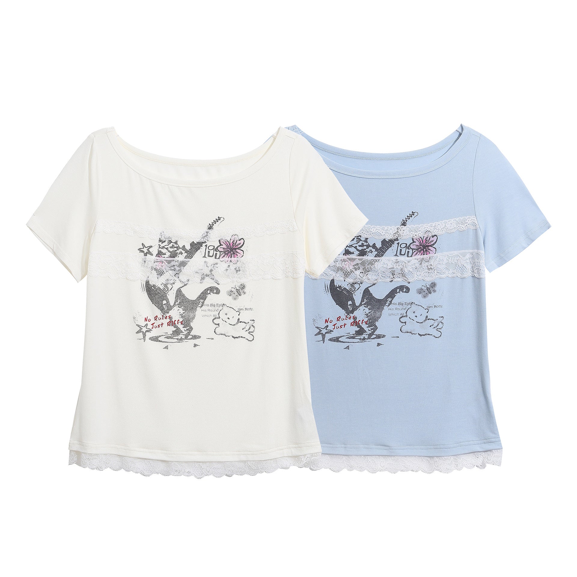 Cool Style Lace Patchwork Printed T-Shirt with Guitar Cat Pattern, Fitted Cropped Top