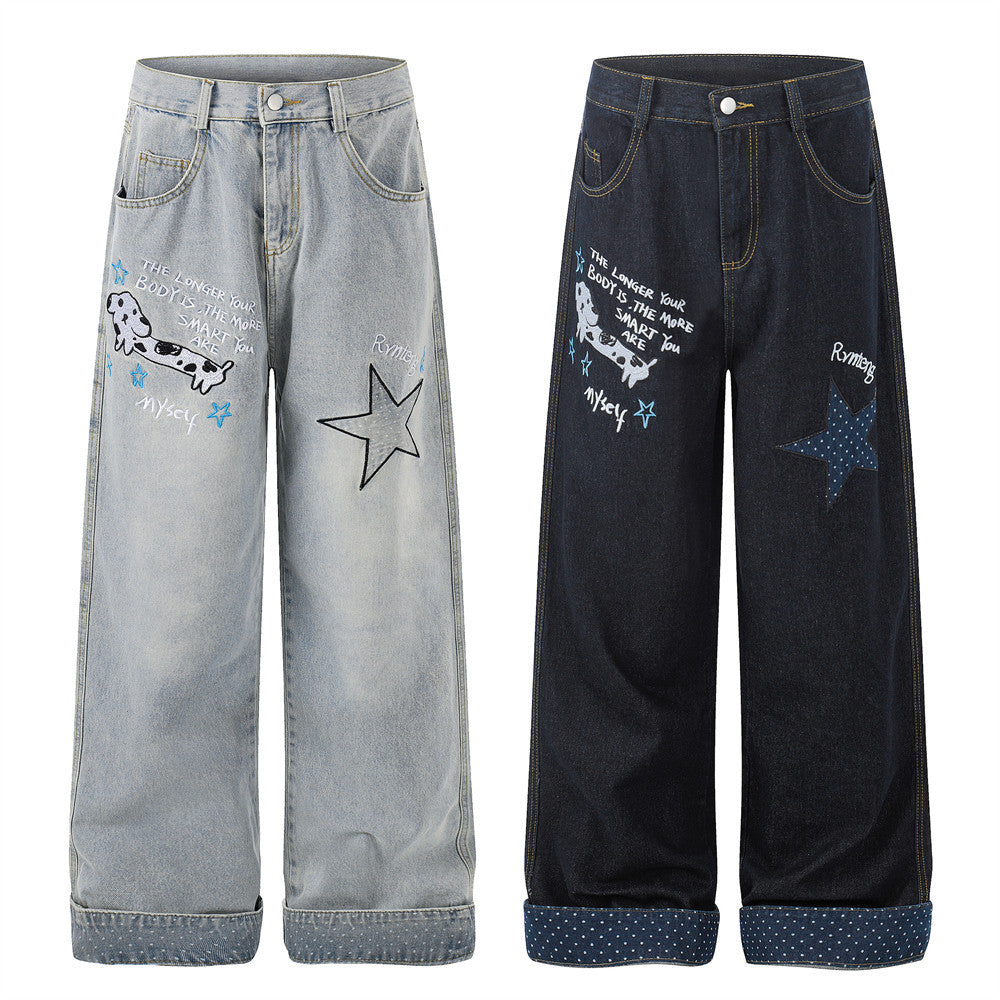 Cartoon embroidery used denim pants