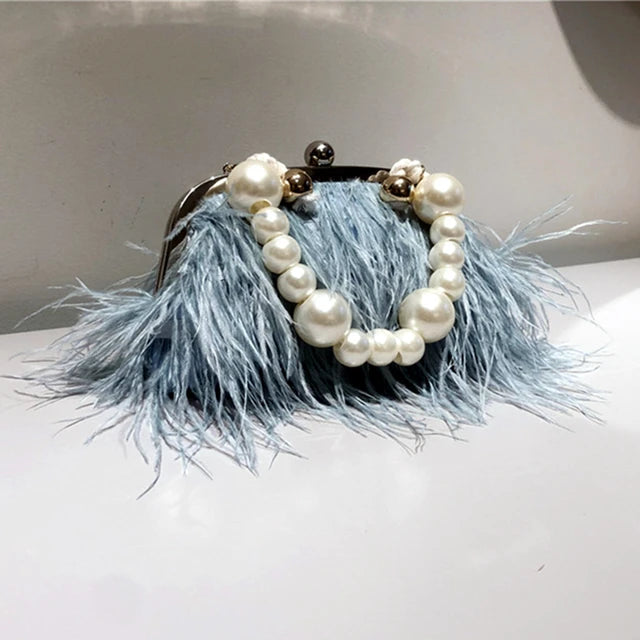 Feather Handbag Women Evening Crossbody Bag Pearl Chain Snake Chain Shoulder Bag Luxury Women Bags Design Party