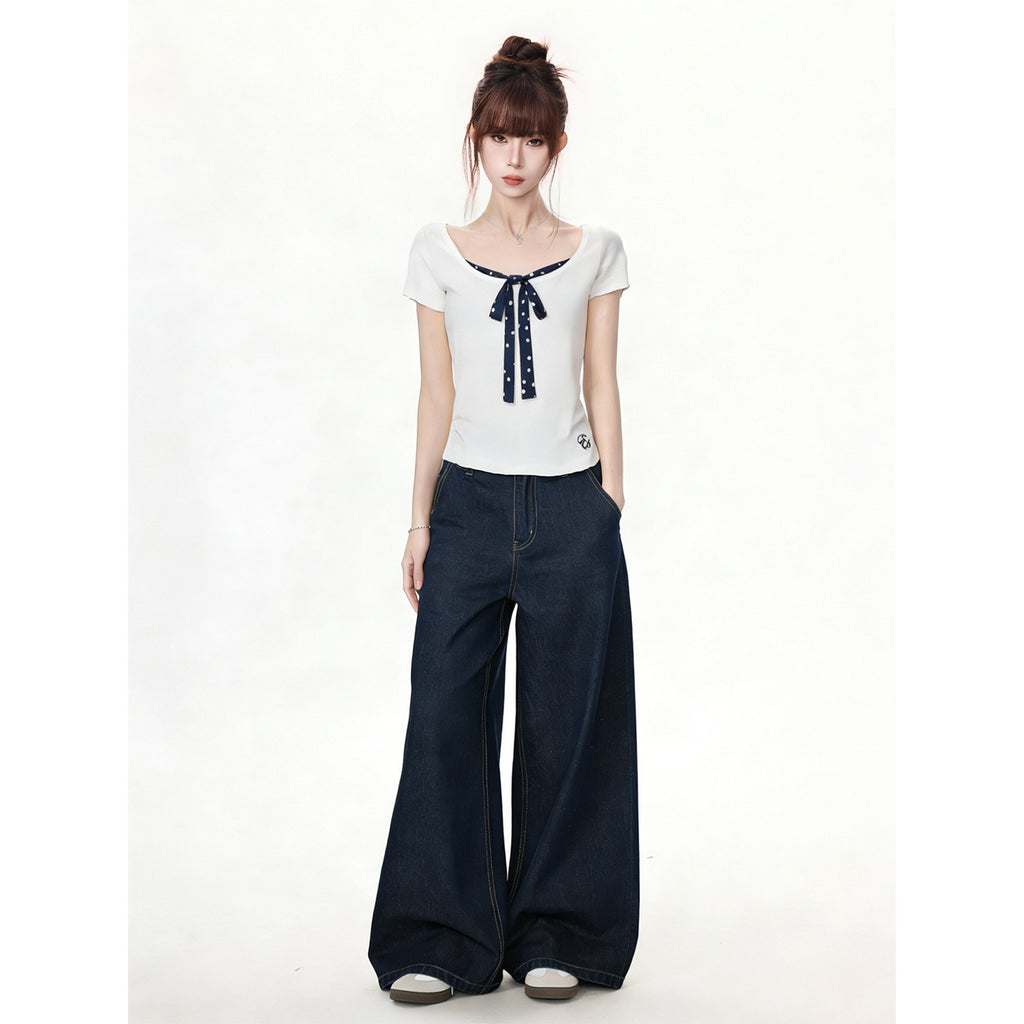Faux Two-Piece U-Neck Lyocell Polka Dot Tie-Front Short Sleeve T-Shirt for Women
