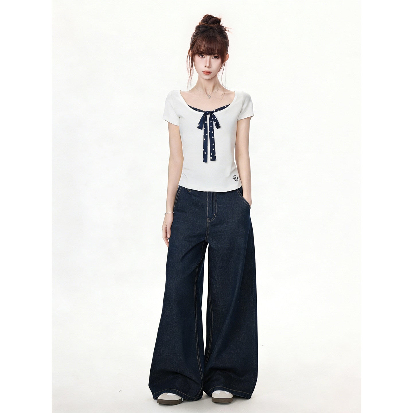 Faux Two-Piece U-Neck Lyocell Polka Dot Tie-Front Short Sleeve T-Shirt for Women
