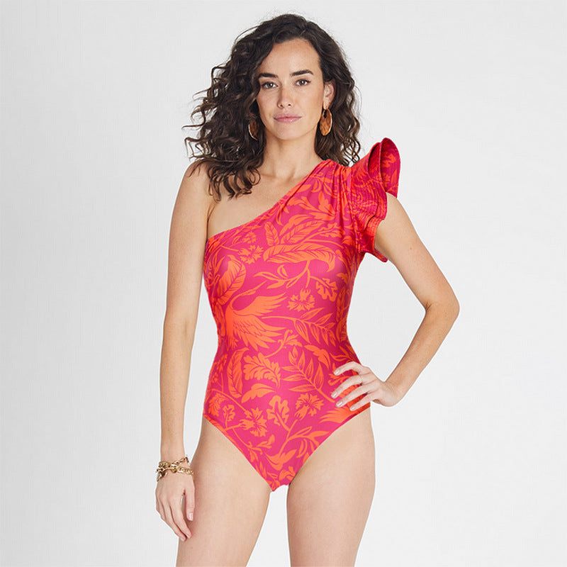 Ruffle One-Shoulder One-Piece Bodysuit Swimwear for Women Beach Vacation Set Dress