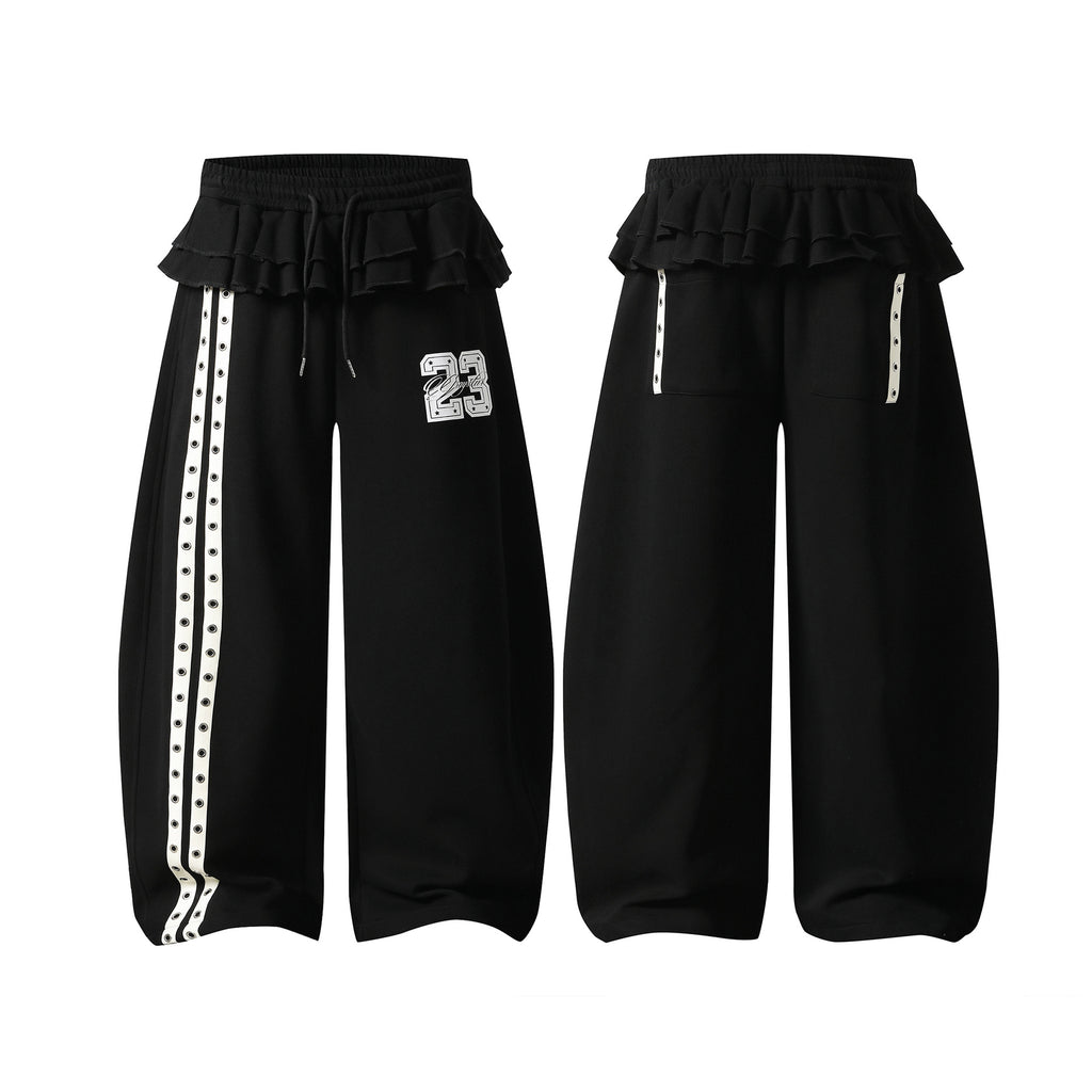 Ruffle Waistband Digital Print Wide Leg Sweatpants Women Drawstring Waist Striped Slimming Long Pants