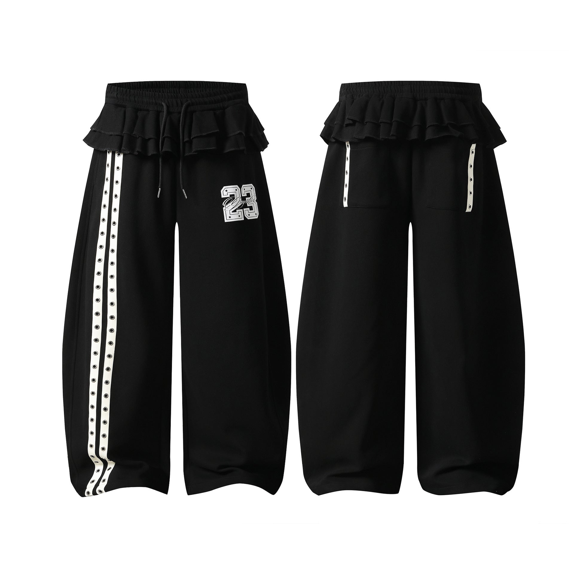 Ruffle Waistband Digital Print Wide Leg Sweatpants Women Drawstring Waist Striped Slimming Long Pants