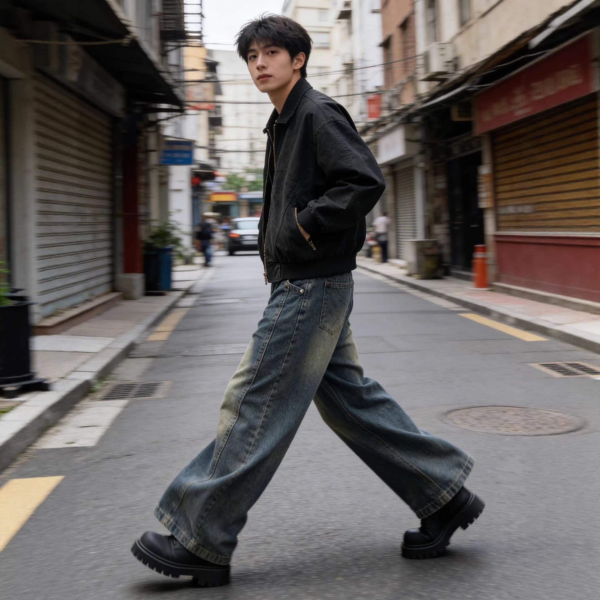Retro Knife-Edge Denim Jeans Men's Long Pants Slit Cut