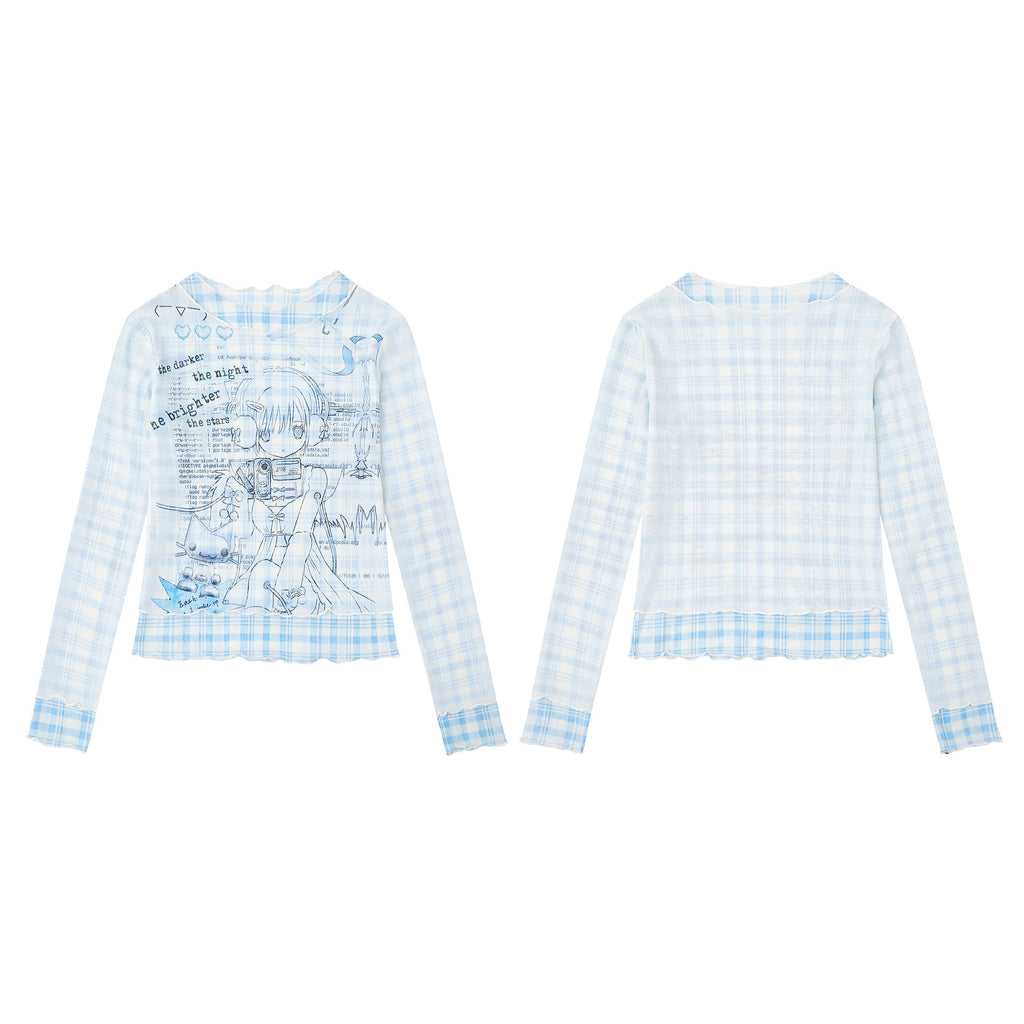 Girl Print Top Plaid Patchwork Wavy Edge Sweet Girl Style Long Sleeve Hoodie