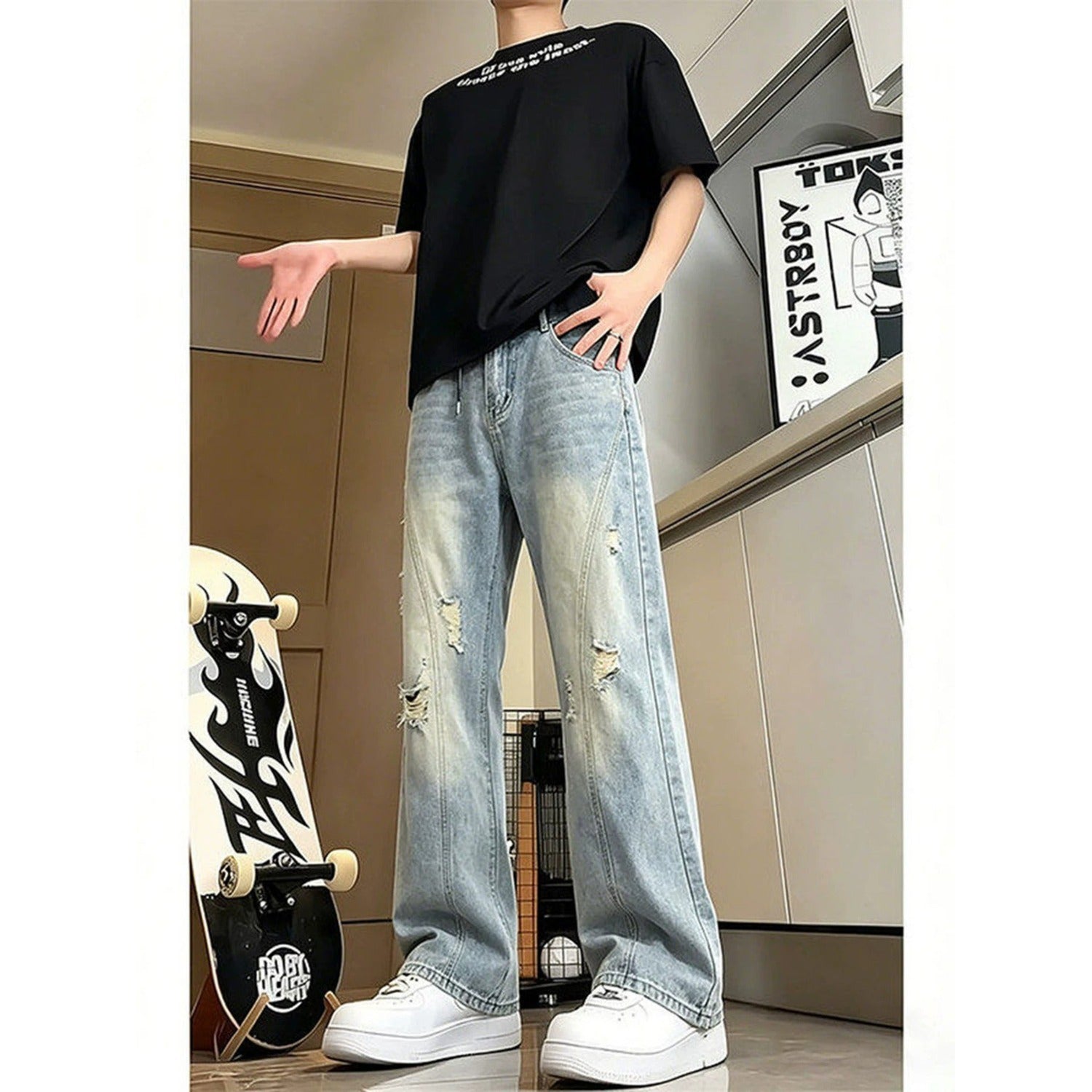 Ripped Denim Pants Men Vibe Straight Leg Slight Flare Pants