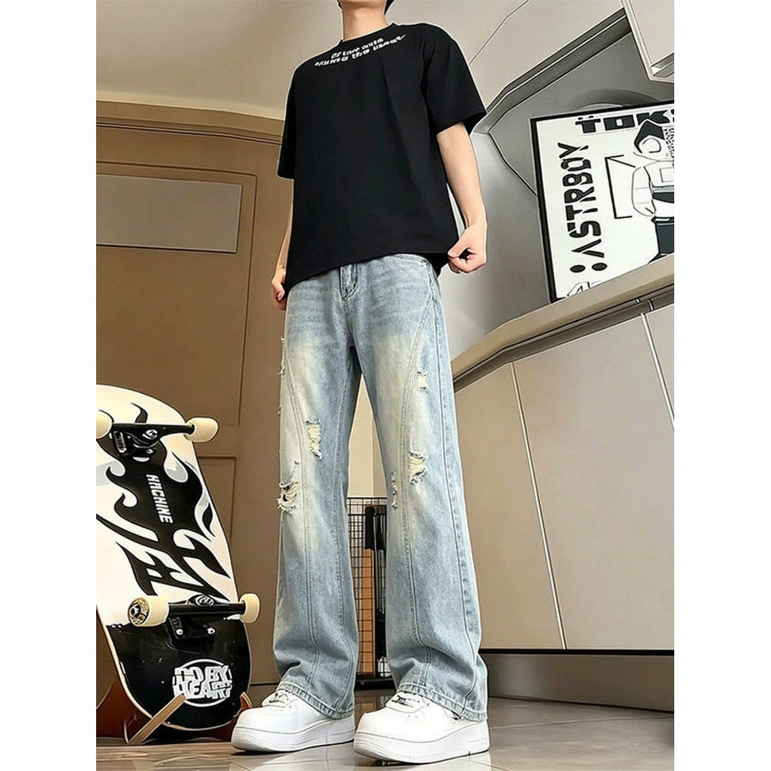 Ripped Denim Pants Men Vibe Straight Leg Slight Flare Pants